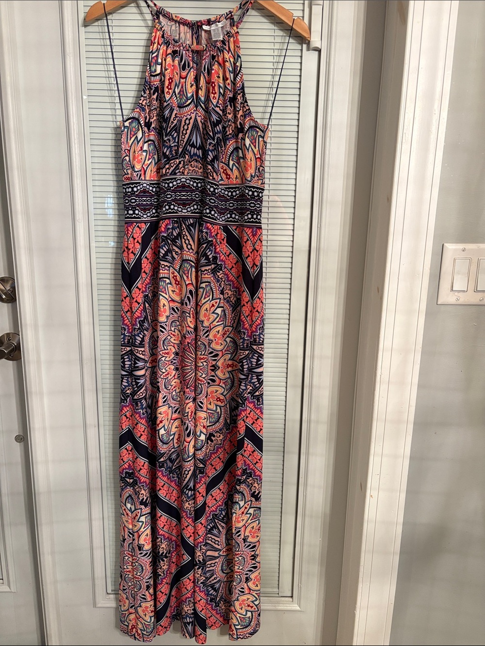 London Times Navy, Coral & Cream Paisley Halter Maxi Dress